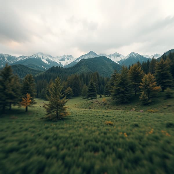 A field and forest surrounded by mountains.